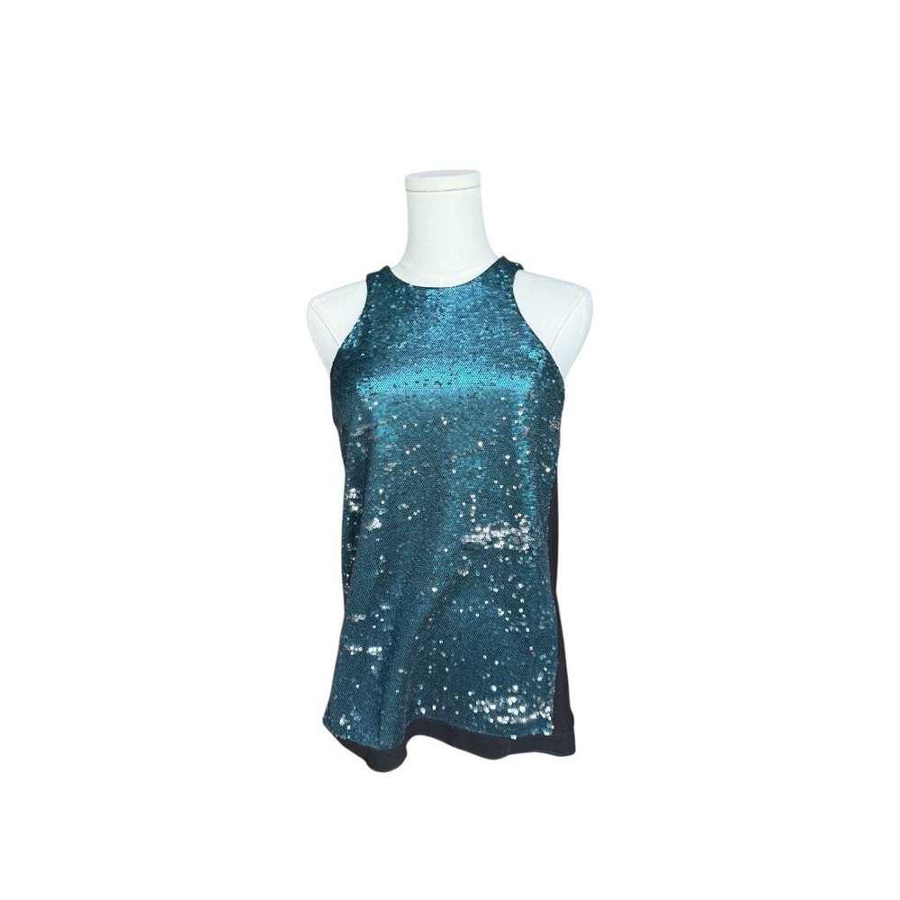 Maje Womens Dallias Blue Siren Sequin Sleeveless Top Front Cutaway Tank size 2